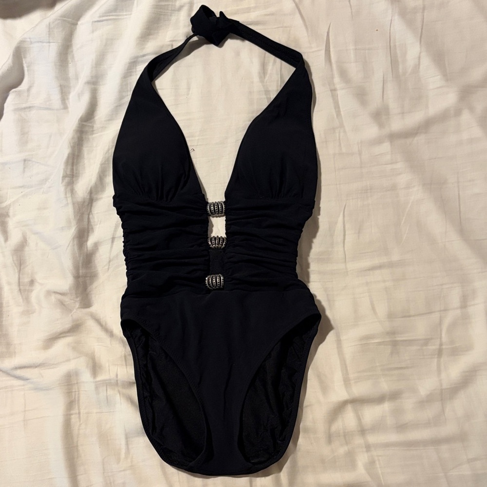 Gottex Vintage Black Halter deep plunge One-Piece Swimsuit with Decorative Rings
